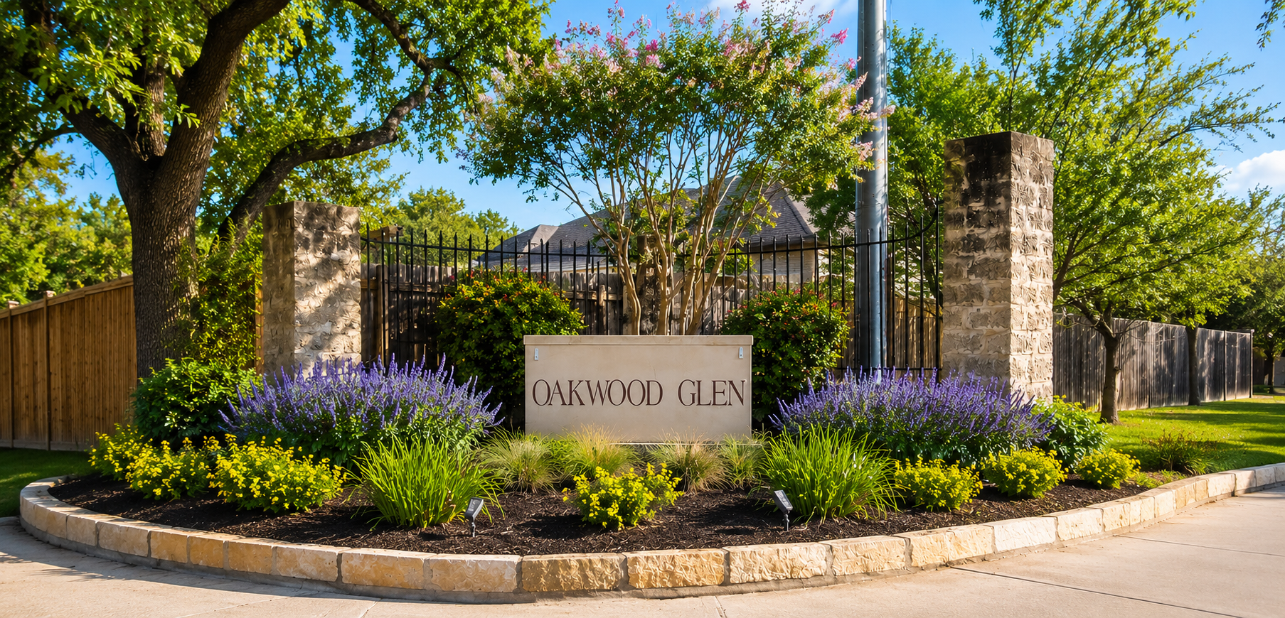 Oakwood Glen neighborhood entrance sign with beautiful landscaping